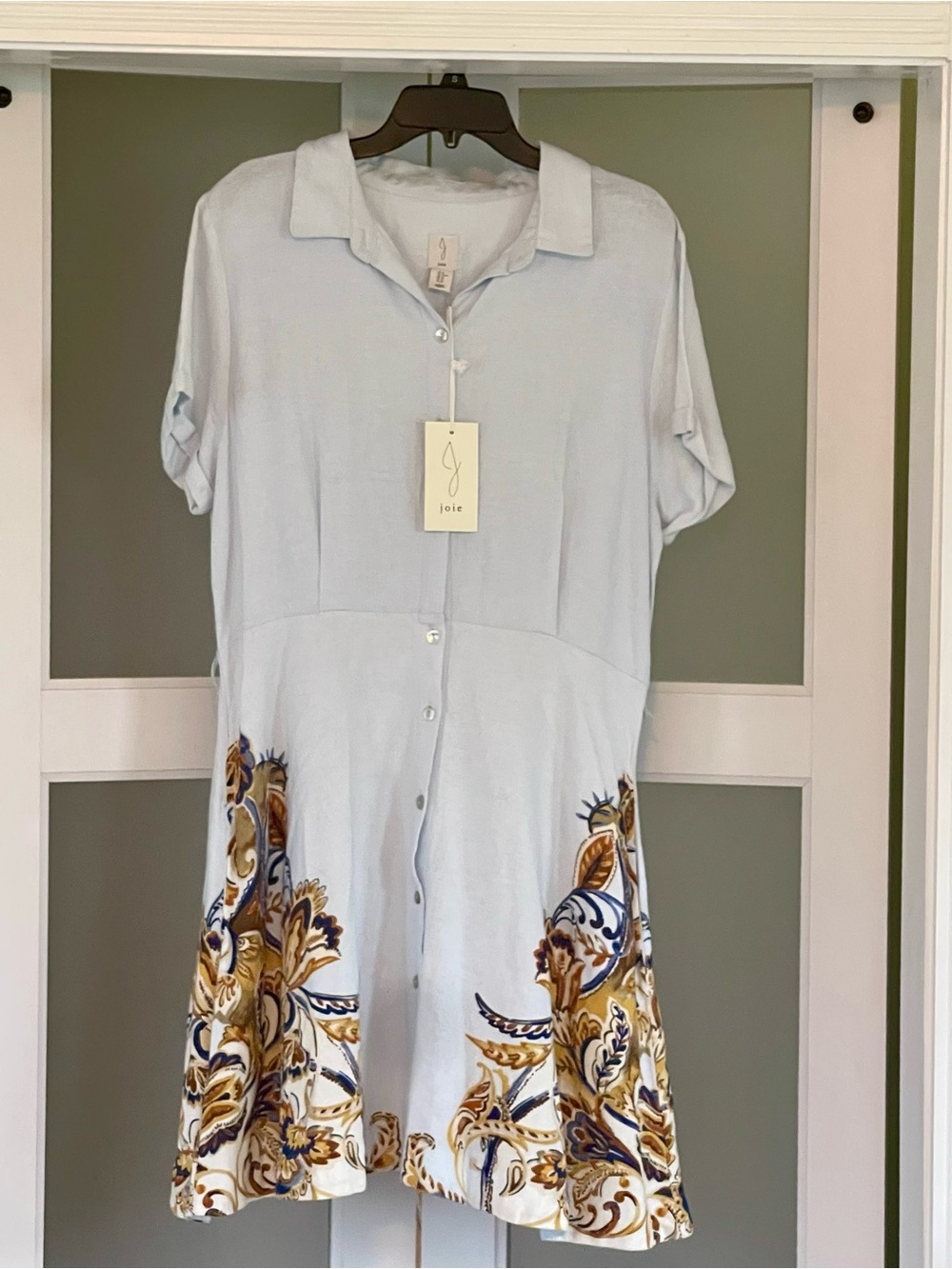 Joie Pale Blue Button-Front Dress with Ornate Border Print XL